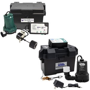 Pictured are a Zoeller and Watchdog Battery Backup sump pump. The image shows similarities and difference tween the two. Zoeller looks more heavy, durable, and reliable.
